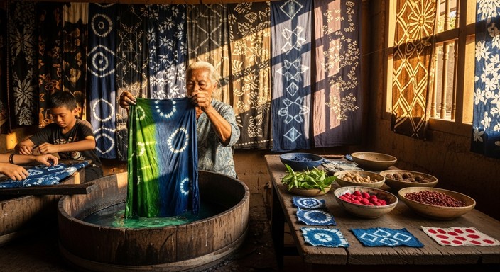 Hands lifting freshly dyed indigo cloth from a dye vat